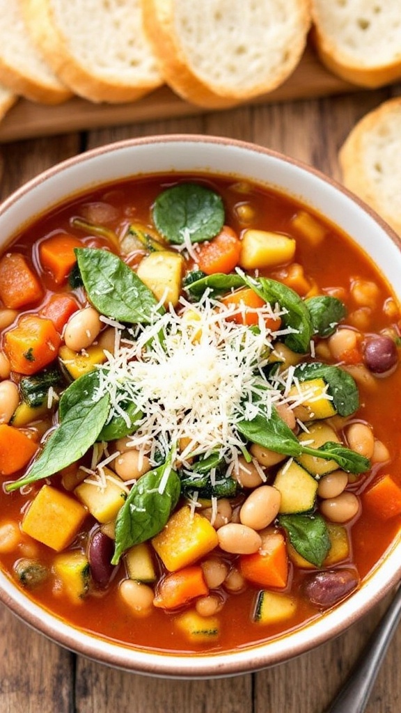 A bowl of hearty minestrone soup with vegetables and pasta, garnished with spinach and Parmesan, on a rustic table with bread.